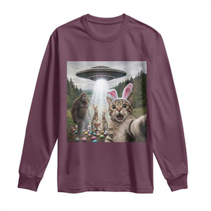 Funny Cat Selfie with Easter Bunny Bigfoot UFO Long Sleeve Shirt TS11 Maroon Print Your Wear