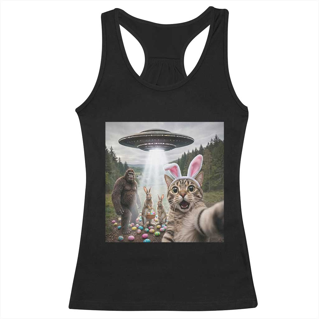 Funny Cat Selfie with Easter Bunny Bigfoot UFO Racerback Tank Top TS11 Black Print Your Wear