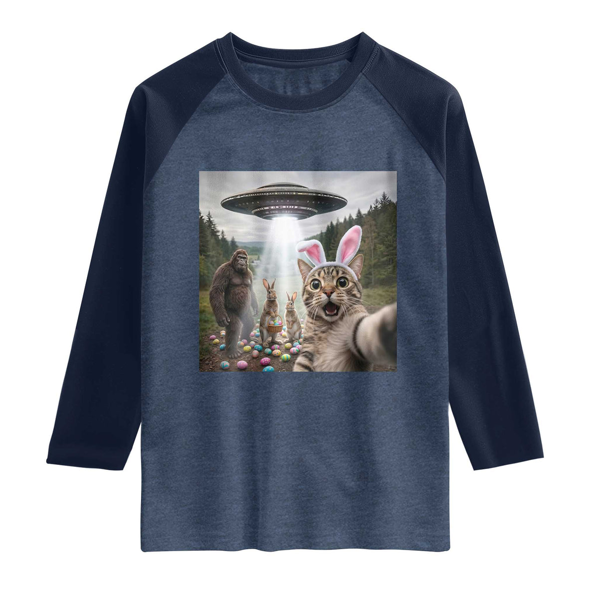 Funny Cat Selfie with Easter Bunny Bigfoot UFO Raglan Shirt TS11 Heather Denim Navy Print Your Wear