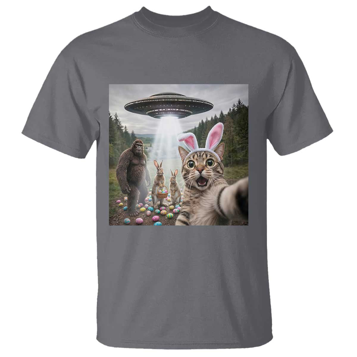 Funny Cat Selfie with Easter Bunny Bigfoot UFO T Shirt TS11 Charcoal Print Your Wear