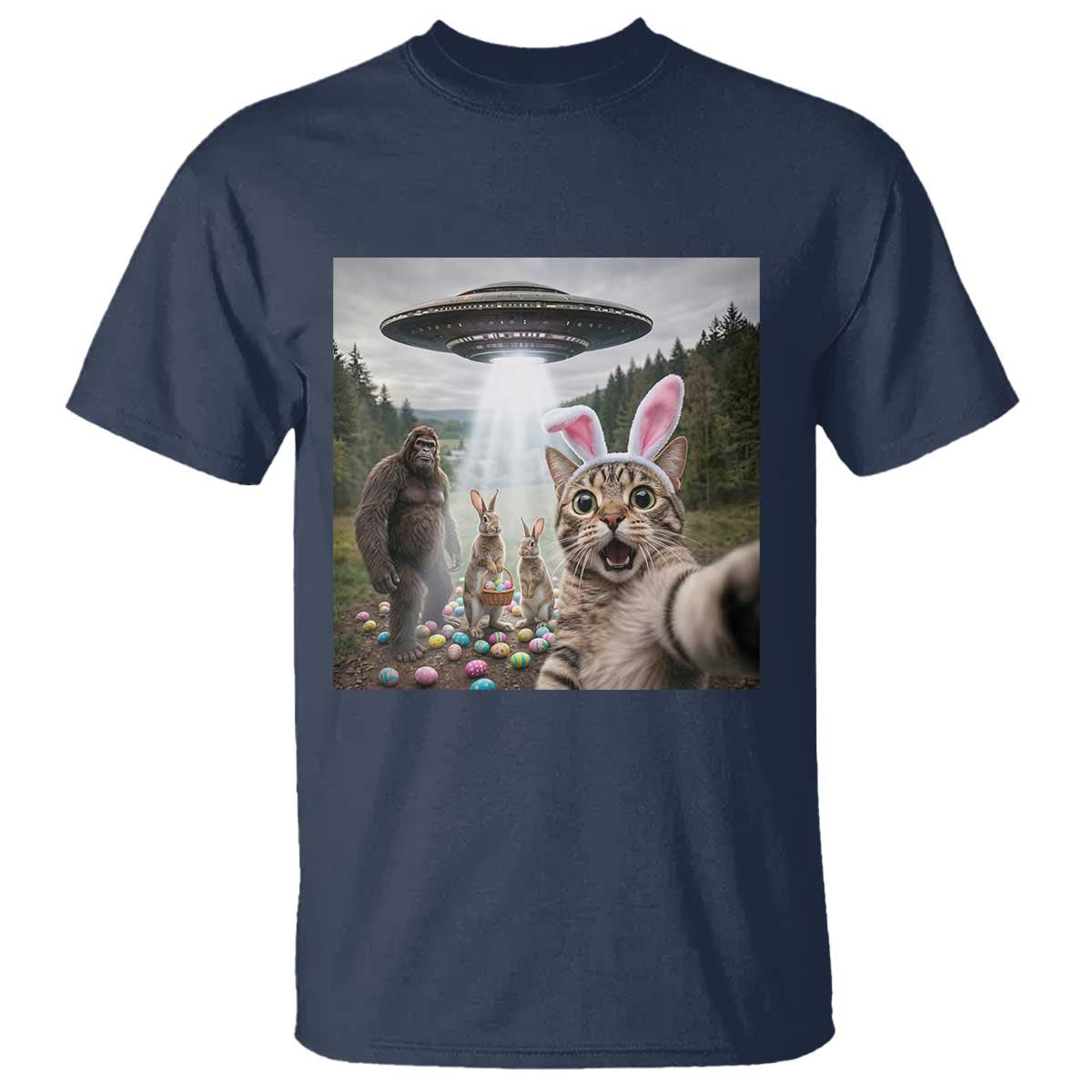 Funny Cat Selfie with Easter Bunny Bigfoot UFO T Shirt TS11 Navy Print Your Wear