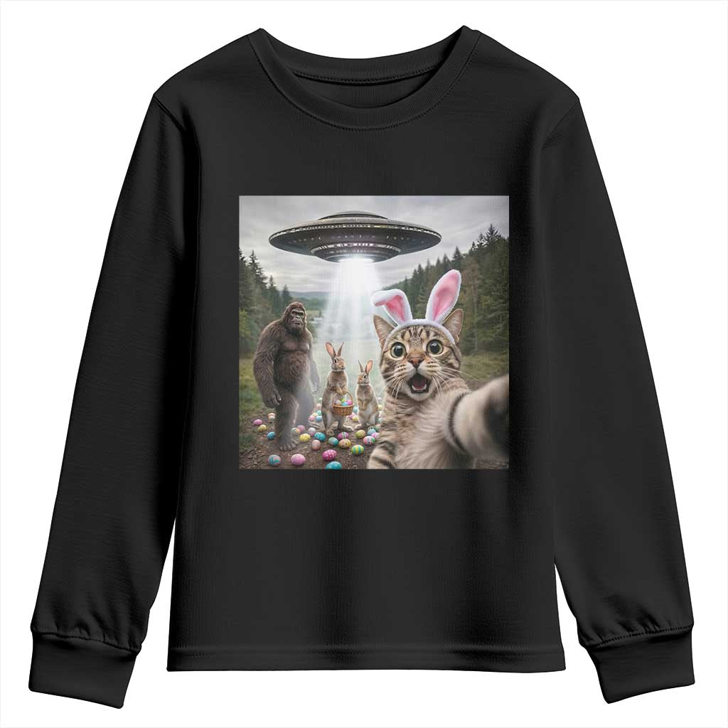 Funny Cat Selfie with Easter Bunny Bigfoot UFO Youth Sweatshirt TS11 Black Print Your Wear