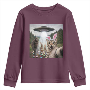 Funny Cat Selfie with Easter Bunny Bigfoot UFO Youth Sweatshirt TS11 Maroon Print Your Wear