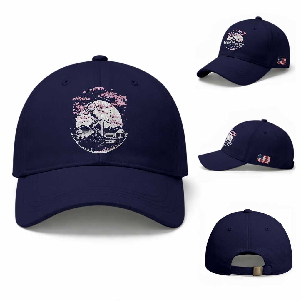 Washington DC Cherry Blossoms Monuments Memorials Japanese Style Baseball Cap TS11 Baseball Cap Universal Fit Dark Blue Print Your Wear