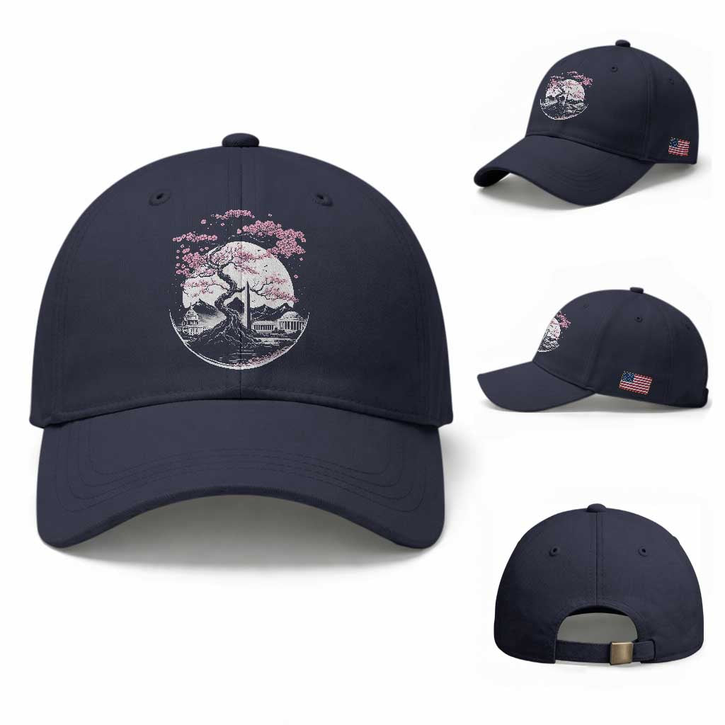 Washington DC Cherry Blossoms Monuments Memorials Japanese Style Baseball Cap TS11 Baseball Cap Universal Fit Navy Print Your Wear