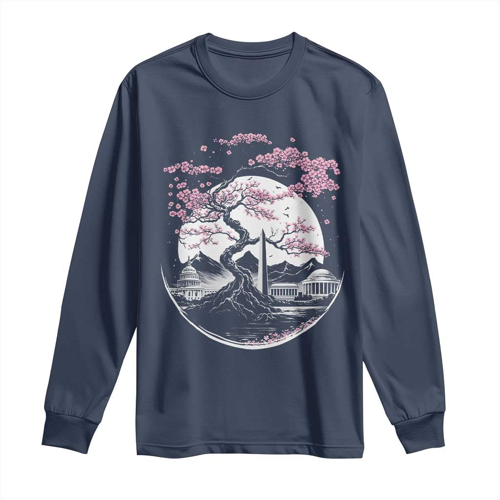 Washington DC Cherry Blossoms Monuments Memorials Japanese Style Long Sleeve Shirt TS11 Navy Print Your Wear
