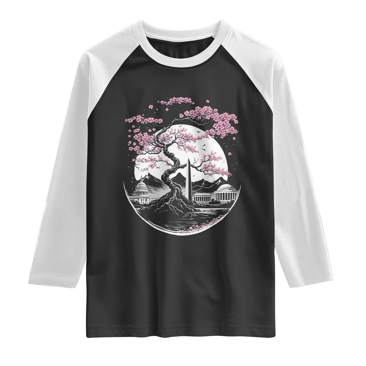 Washington DC Cherry Blossoms Monuments Memorials Japanese Style Raglan Shirt TS11 Black White Print Your Wear