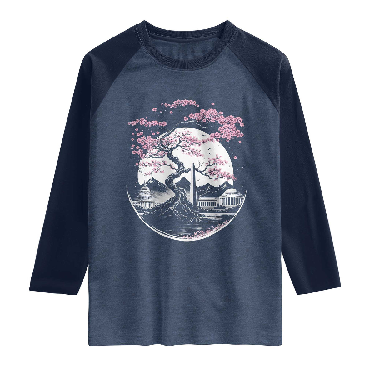 Washington DC Cherry Blossoms Monuments Memorials Japanese Style Raglan Shirt TS11 Heather Denim Navy Print Your Wear