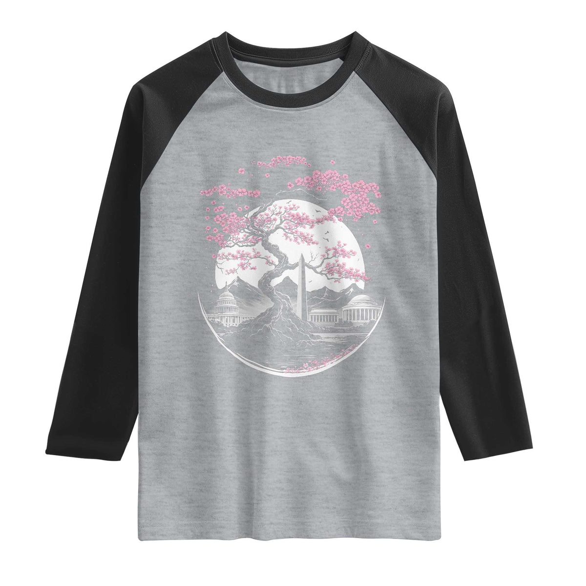 Washington DC Cherry Blossoms Monuments Memorials Japanese Style Raglan Shirt TS11 Heather Gray Black Print Your Wear
