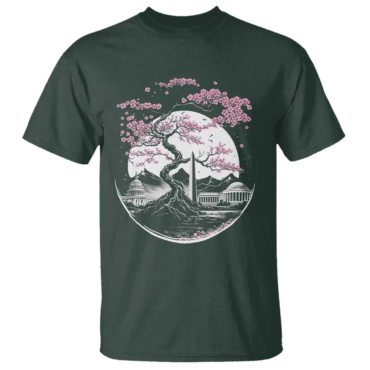 Washington DC Cherry Blossoms Monuments Memorials Japanese Style T Shirt TS11 Dark Forest Green Print Your Wear