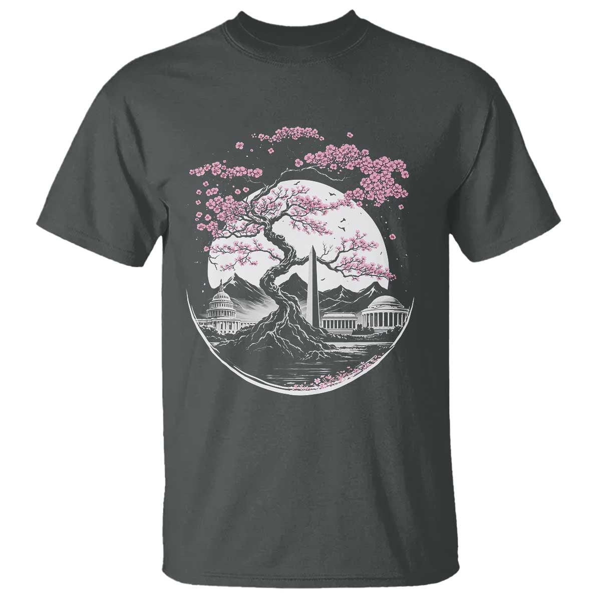 Washington DC Cherry Blossoms Monuments Memorials Japanese Style T Shirt TS11 Dark Heather Print Your Wear