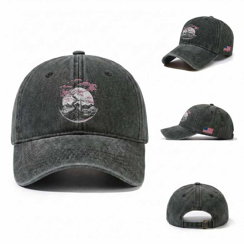 Washington DC Cherry Blossoms Monuments Memorials Japanese Style Washed Cotton Baseball Cap TS11 Washed Cap Universal Fit Dark Green Print Your Wear