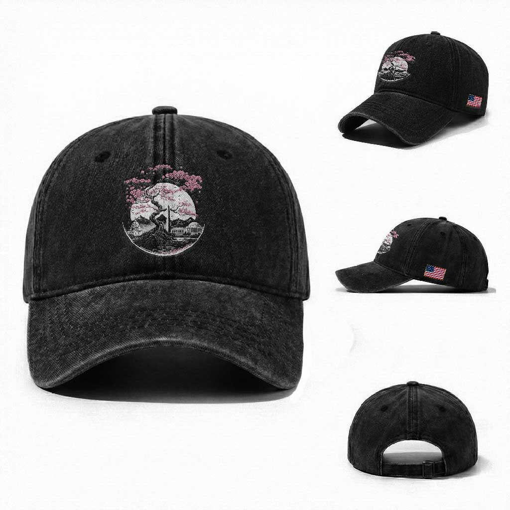Washington DC Cherry Blossoms Monuments Memorials Japanese Style Washed Cotton Baseball Cap TS11 Washed Cap Universal Fit Black Print Your Wear