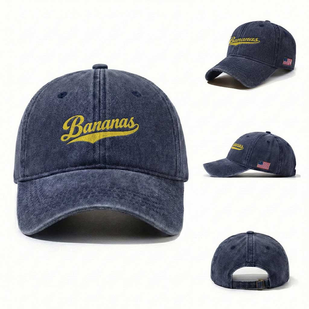 Bananas Retro Throwback Baseball Sport Lover Washed Cotton Baseball Cap TS11 Washed Cap Universal Fit Navy Print Your Wear