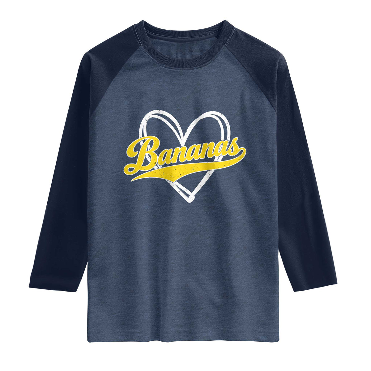 Bananas Vintage Heart Baseball Fan Game Day Raglan Shirt TS11 Heather Denim Navy Print Your Wear
