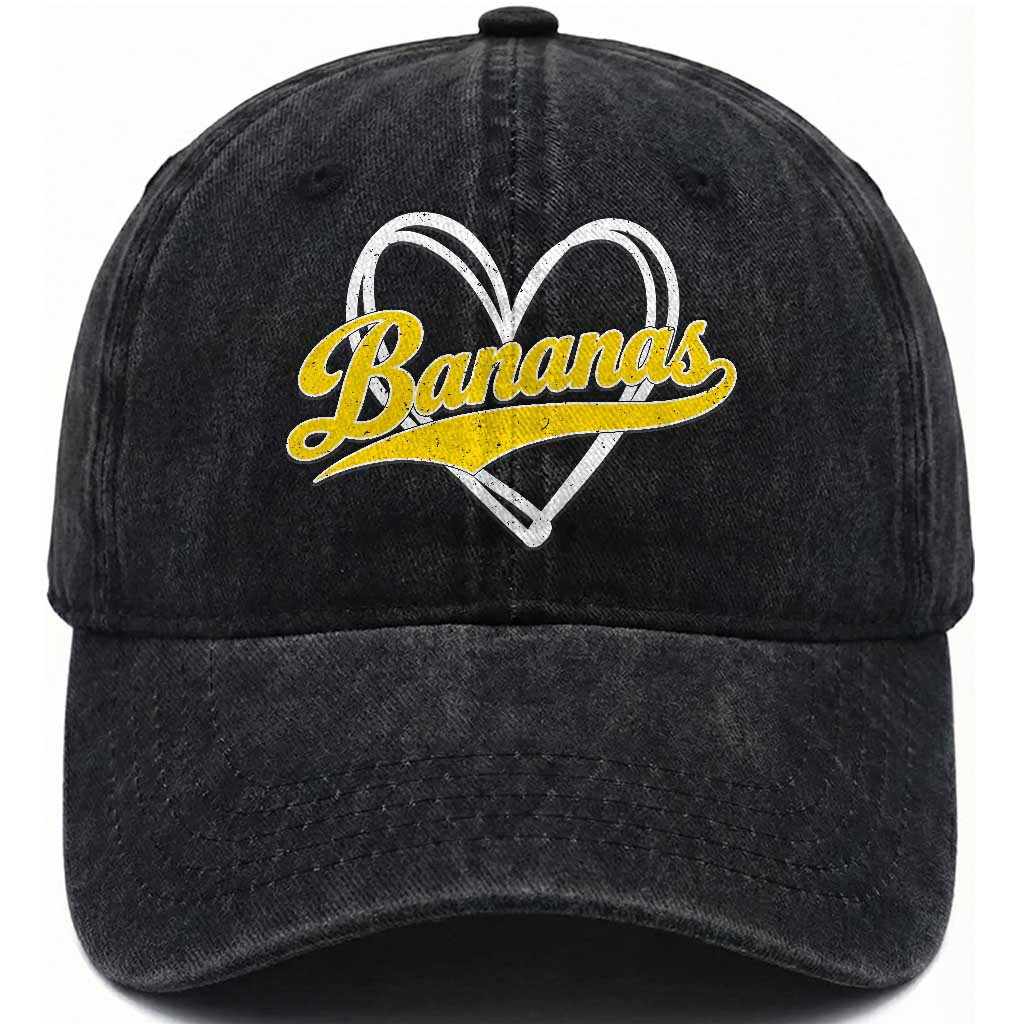 Bananas Vintage Heart Baseball Fan Game Day Washed Cotton Baseball Cap TS11 Washed Cap Universal Fit Black Print Your Wear