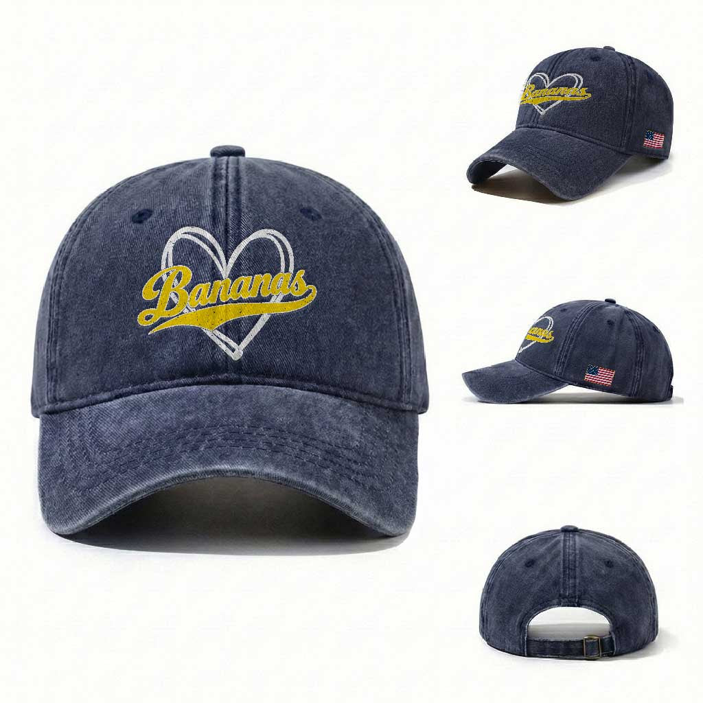 Bananas Vintage Heart Baseball Fan Game Day Washed Cotton Baseball Cap TS11 Washed Cap Universal Fit Navy Print Your Wear
