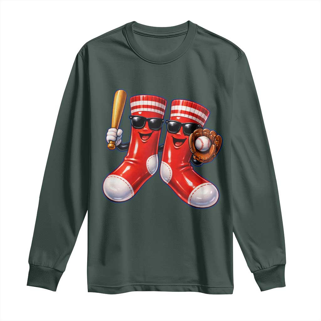 Funny Red Socks Playing Baseball Graphic Sport Game Day Long Sleeve Shirt TS11 Dark Forest Green Print Your Wear