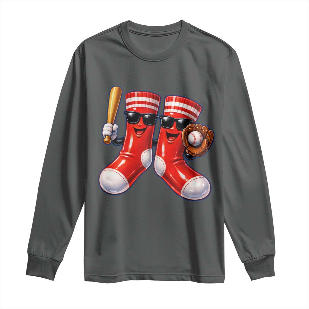 Funny Red Socks Playing Baseball Graphic Sport Game Day Long Sleeve Shirt TS11 Dark Heather Print Your Wear