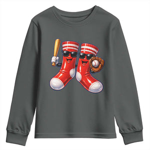 Funny Red Socks Playing Baseball Graphic Sport Game Day Youth Sweatshirt TS11 Dark Heather Print Your Wear