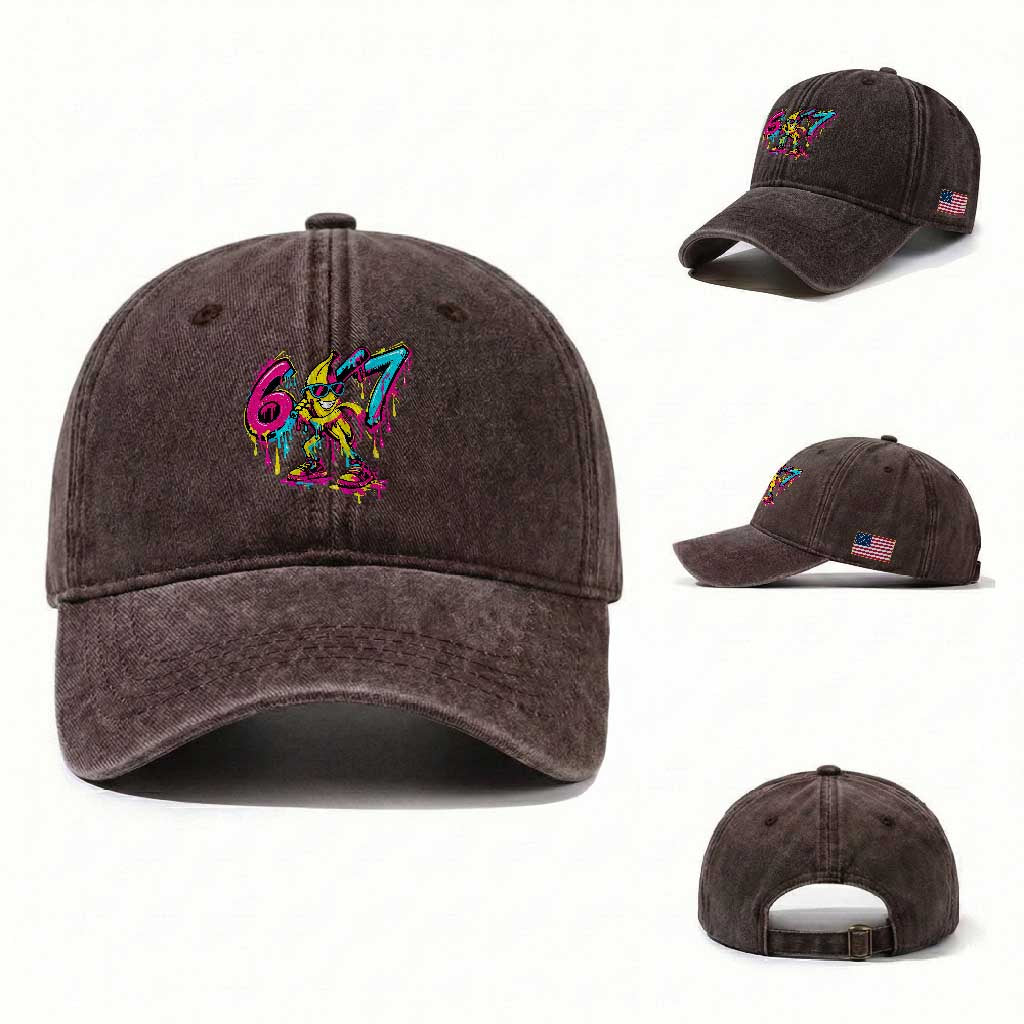 Funny 67 Banana Baseball Drip Ice Cream Six Seven Meme Washed Cotton Baseball Cap TS11 Washed Cap Universal Fit Dark Brown Print Your Wear