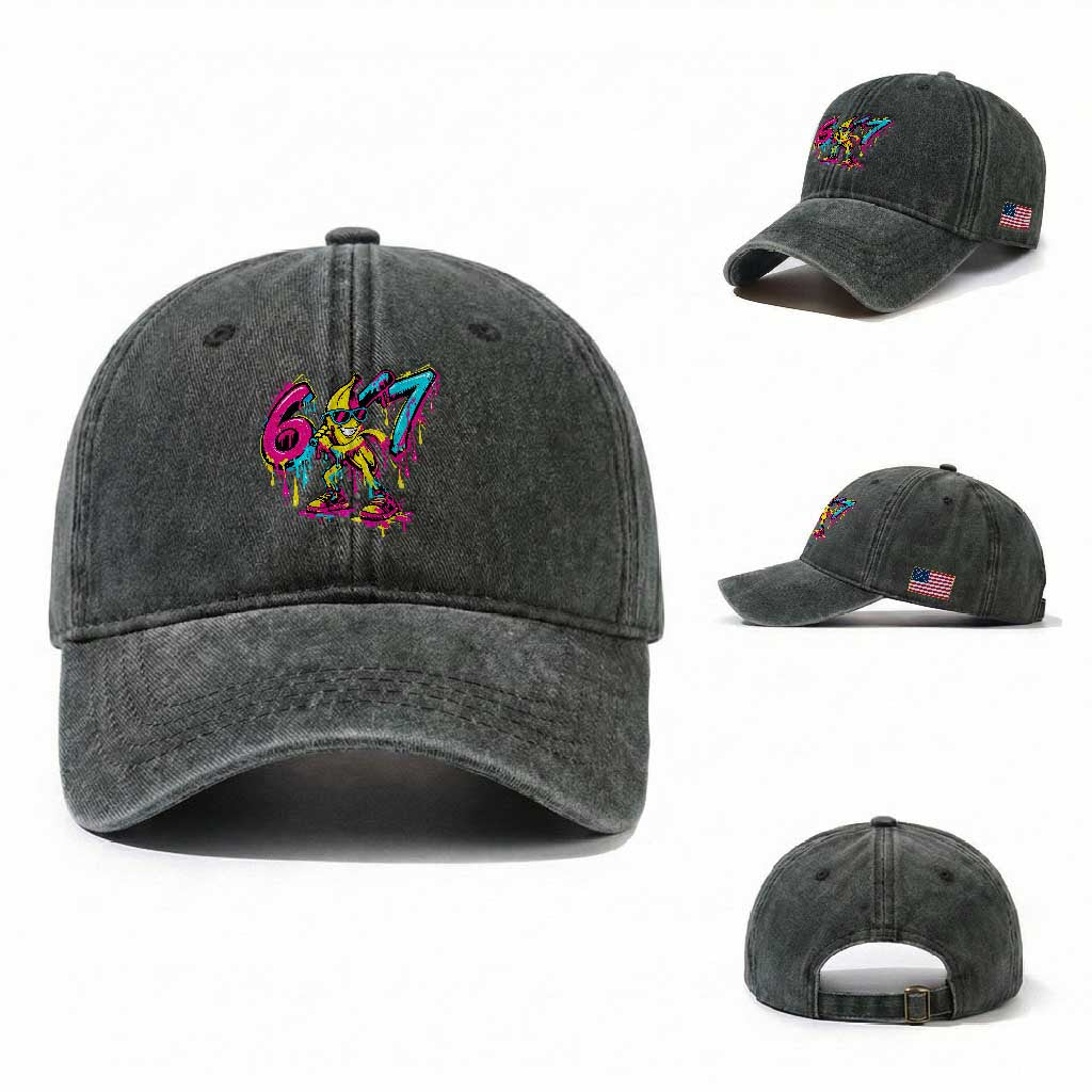 Funny 67 Banana Baseball Drip Ice Cream Six Seven Meme Washed Cotton Baseball Cap TS11 Washed Cap Universal Fit Dark Green Print Your Wear