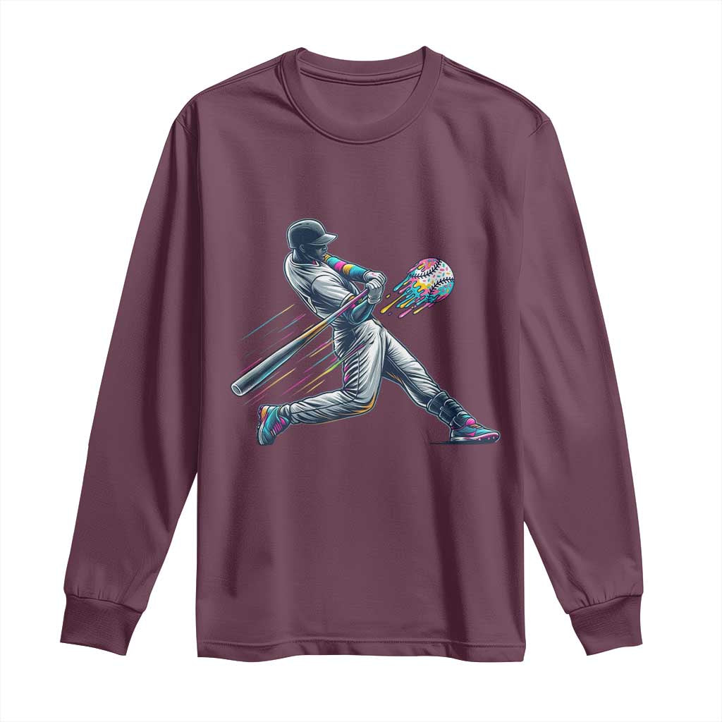 Ice Cream Baseball Player Dripping Game Day Long Sleeve Shirt TS11 Maroon Print Your Wear
