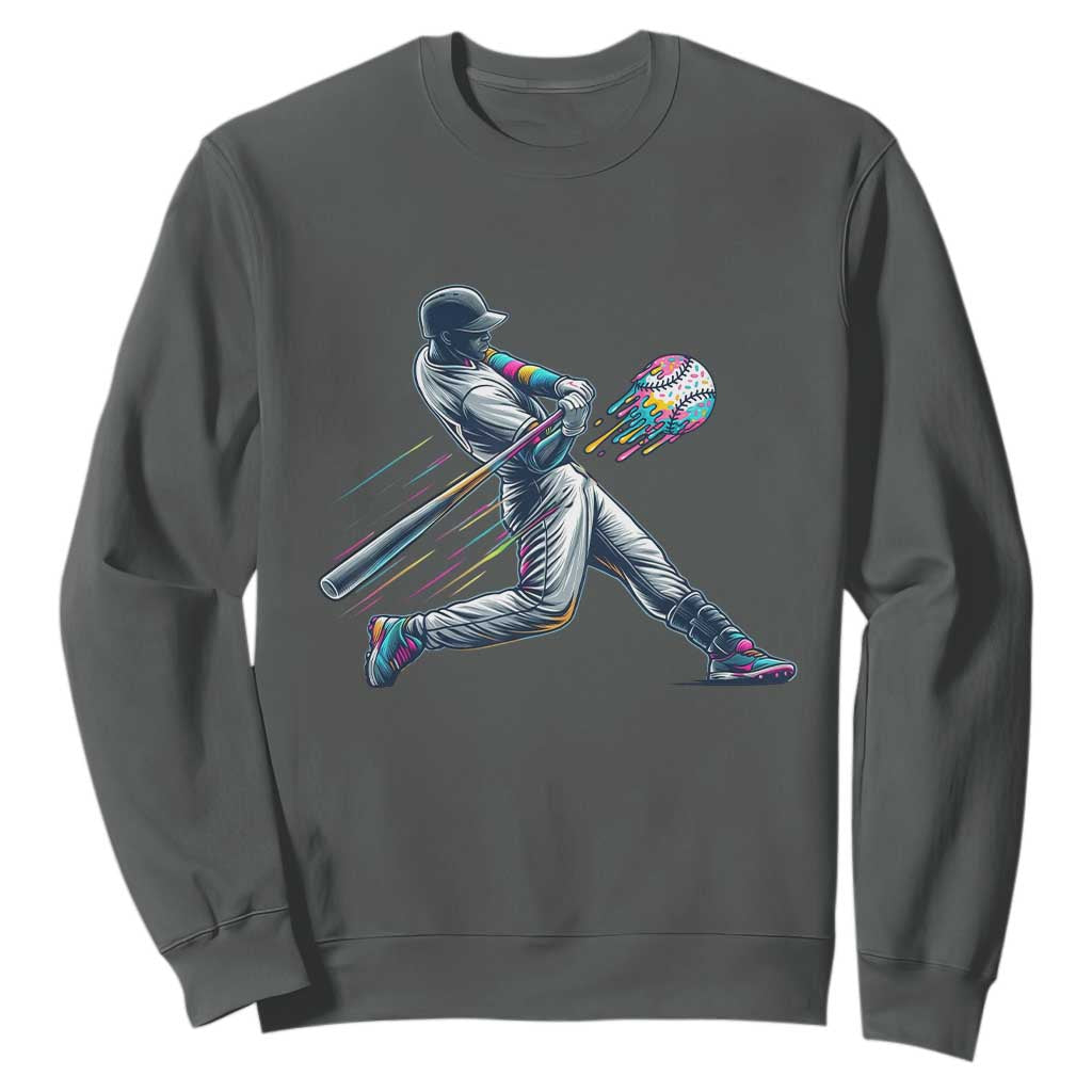 Ice Cream Baseball Player Dripping Game Day Sweatshirt TS11 Dark Heather Print Your Wear