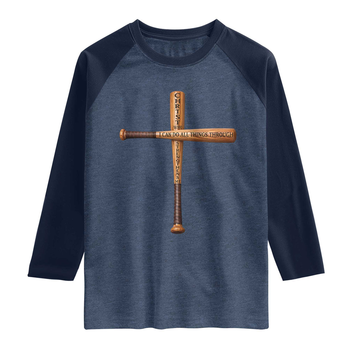 Christian Baseball Raglan Shirt I Can Do All Things Through Christ Who Strengthens Me TS11 Heather Denim Navy Print Your Wear