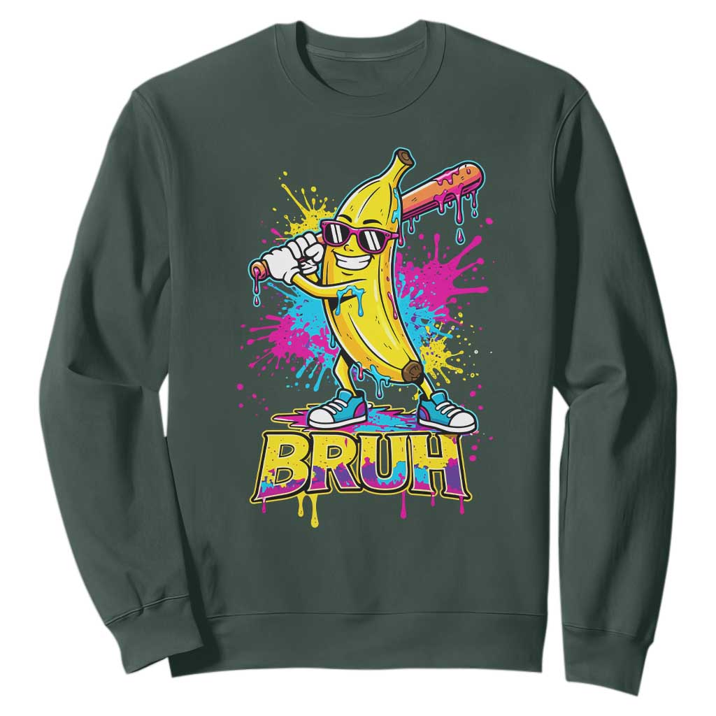 Funny Bruh Banana Baseball Drip Ice Cream Sports Splatter Sweatshirt TS11 Dark Forest Green Print Your Wear