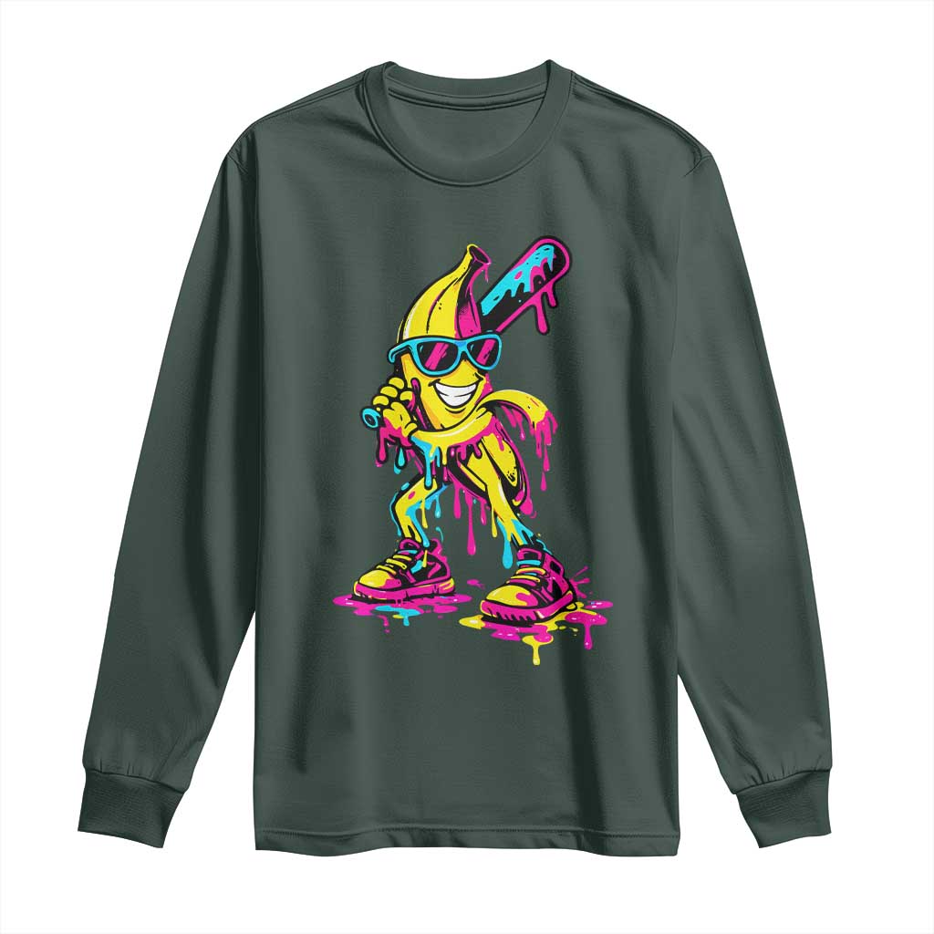 Funny Banana Baseball Drip Ice Cream Splatter Long Sleeve Shirt TS11 Dark Forest Green Print Your Wear