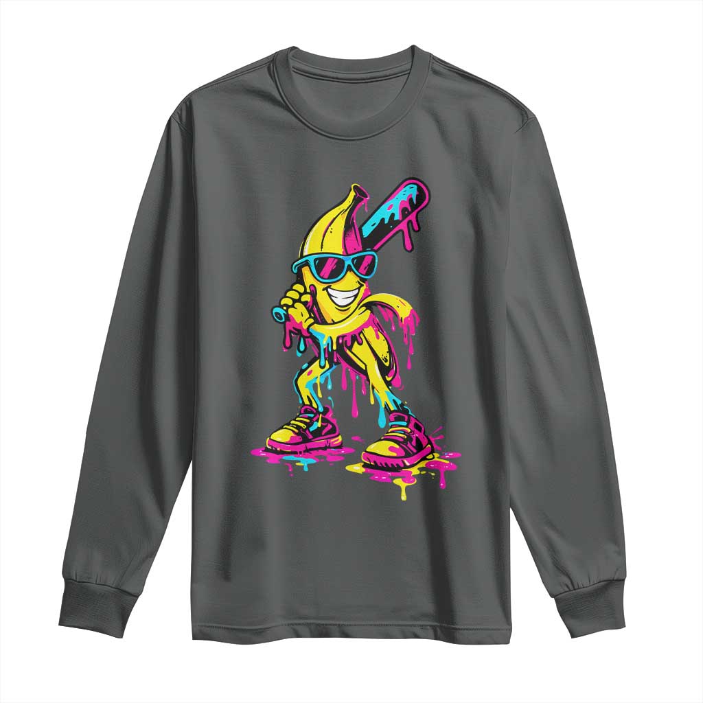 Funny Banana Baseball Drip Ice Cream Splatter Long Sleeve Shirt TS11 Dark Heather Print Your Wear