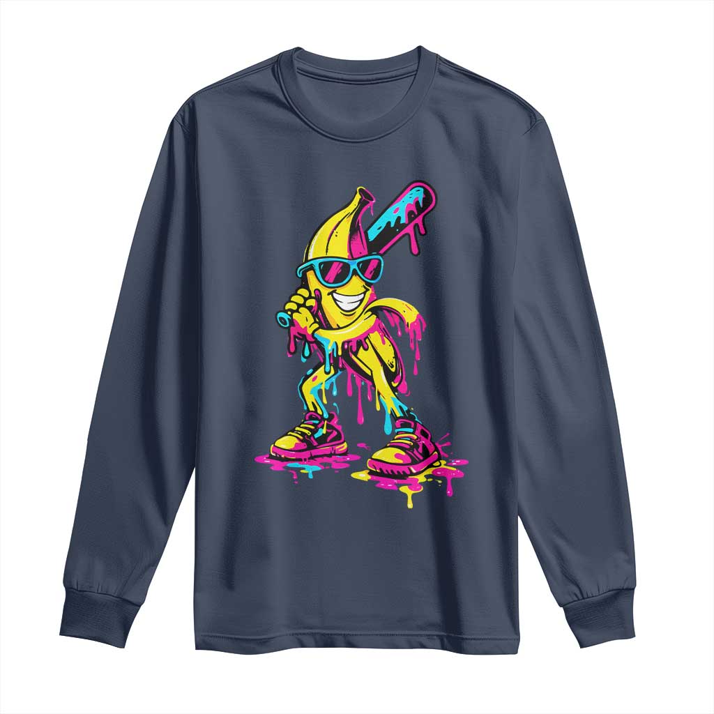 Funny Banana Baseball Drip Ice Cream Splatter Long Sleeve Shirt TS11 Navy Print Your Wear
