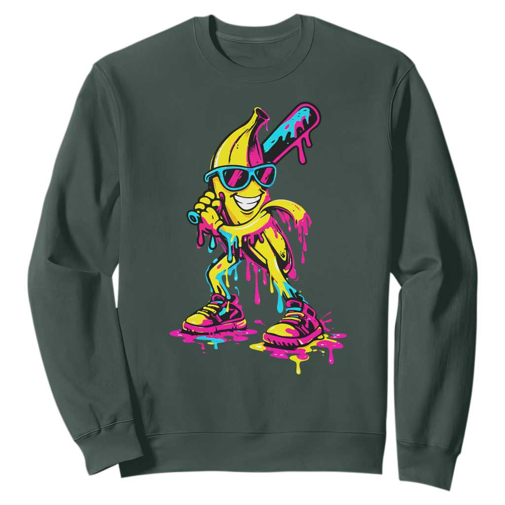 Funny Banana Baseball Drip Ice Cream Splatter Sweatshirt TS11 Dark Forest Green Print Your Wear