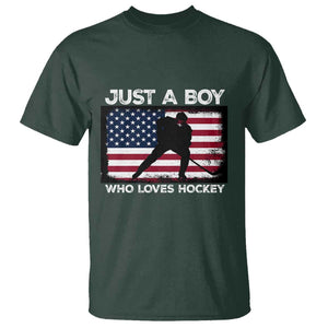 Ice Hockey Lover T Shirt Just A Boy Who Loves Hockey USA Flag TS11 Dark Forest Green Print Your Wear