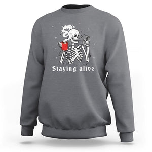 Funny Skull Sweatshirt Staying Alive Skeleton Drink Coffee TS11 Charcoal Print Your Wear