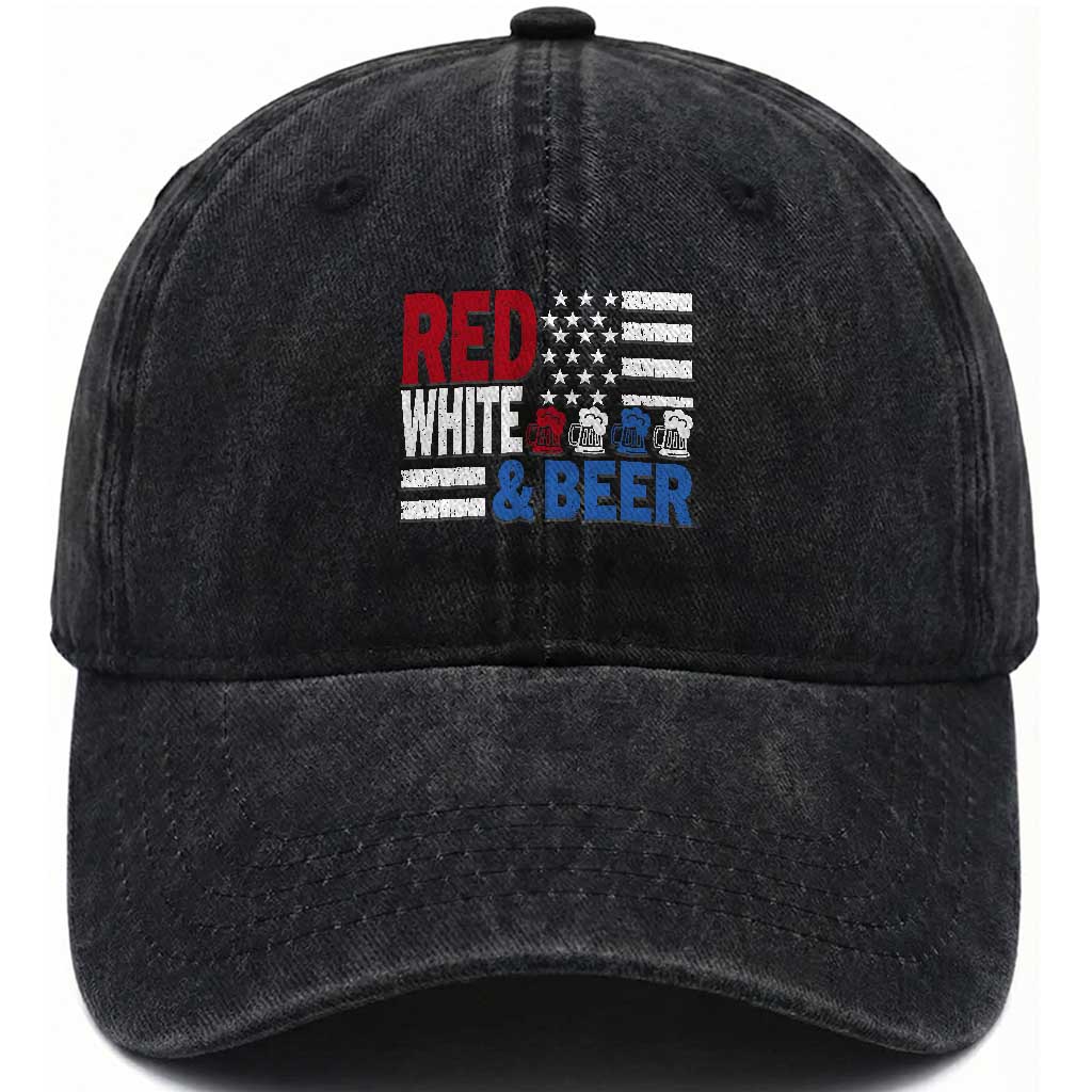 Funny American Drinking Washed Cotton Baseball Cap Red White And Beer 4th Of July USA Flag TS11 Washed Cap Universal Fit Black Print Your Wear