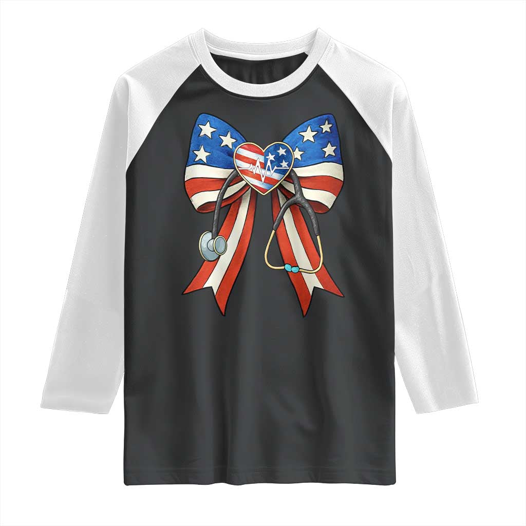 Funny 4th Of July Nurse American Flag Coquette Bow Raglan Shirt TS11 Black White Print Your Wear