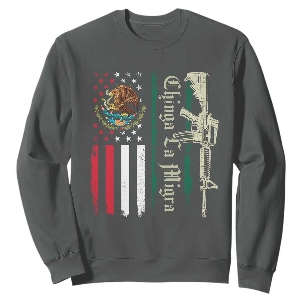 Funny Chinga La Migra Sweatshirt Gun Vintage Mexican Flag TS11 Dark Heather Print Your Wear