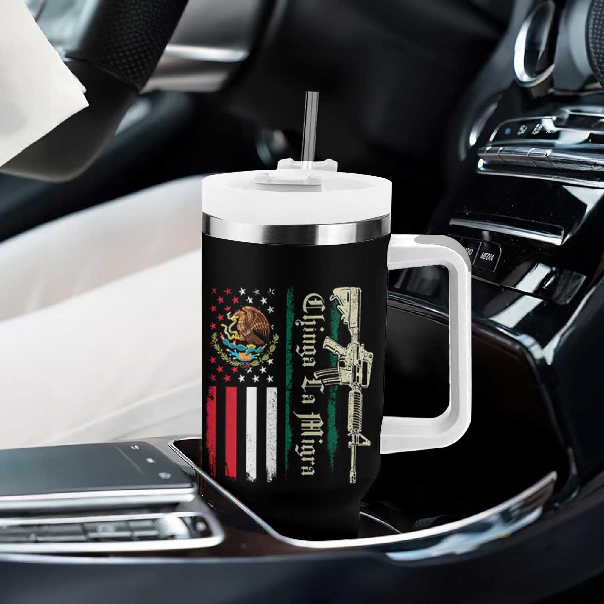 Funny Chinga La Migra Tumbler With Handle Gun Vintage Mexican Flag TS11 Print Your Wear