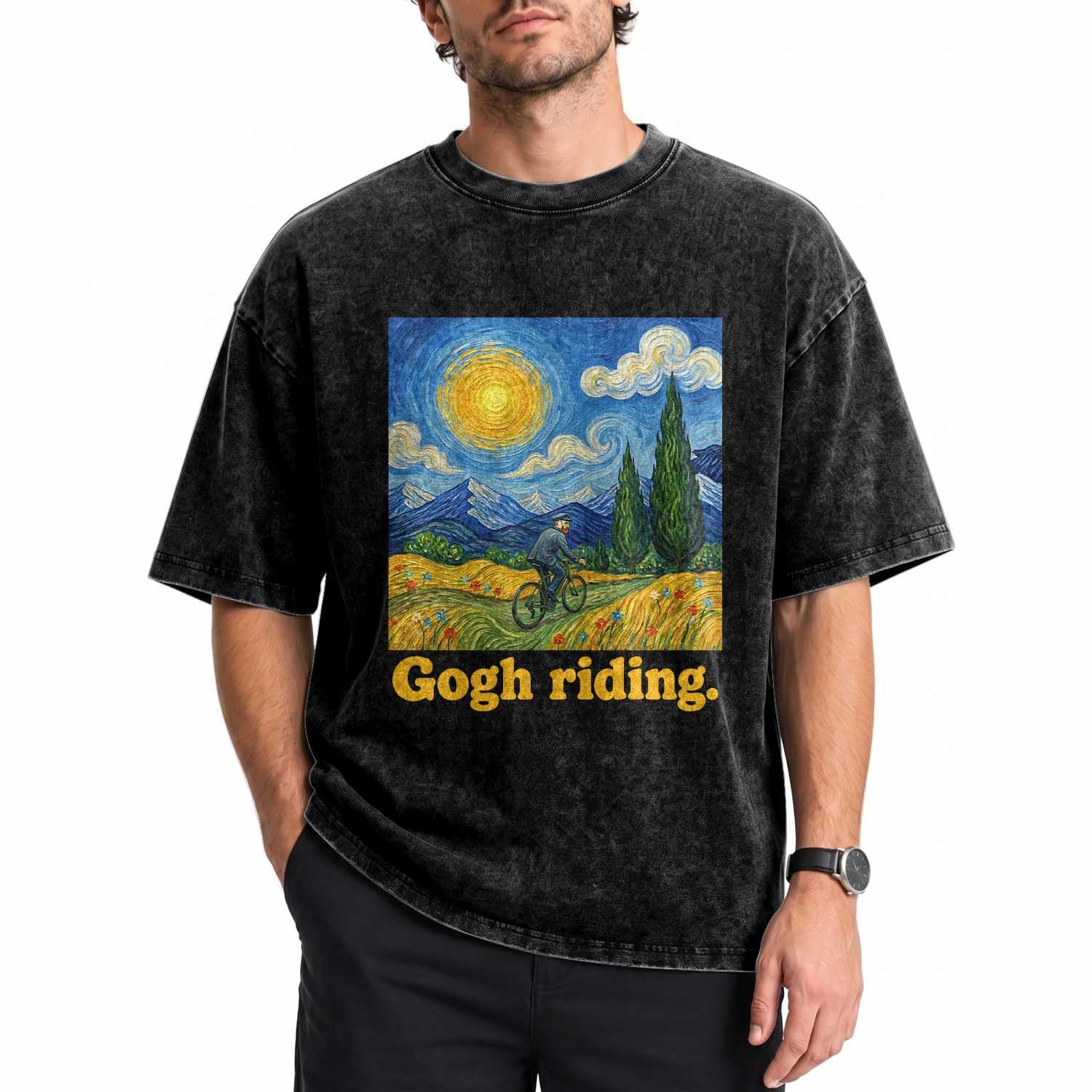 Gogh Riding Funny Cycling Van Gogh Art Bike Lover Washed Cotton T-Shirt