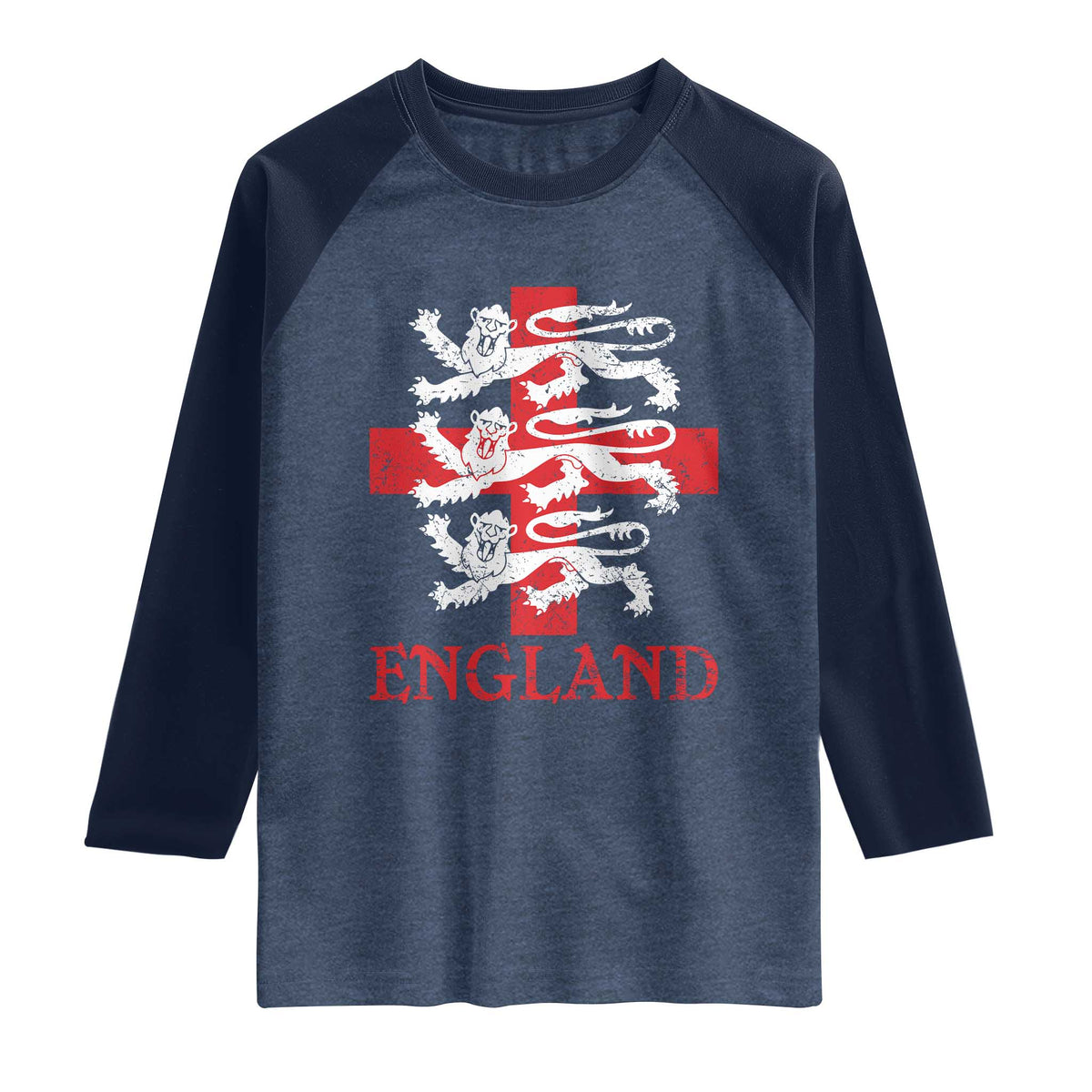 England Three Lions Symbol English Pride Souvenir Raglan Shirt TS11 Heather Denim Navy Print Your Wear