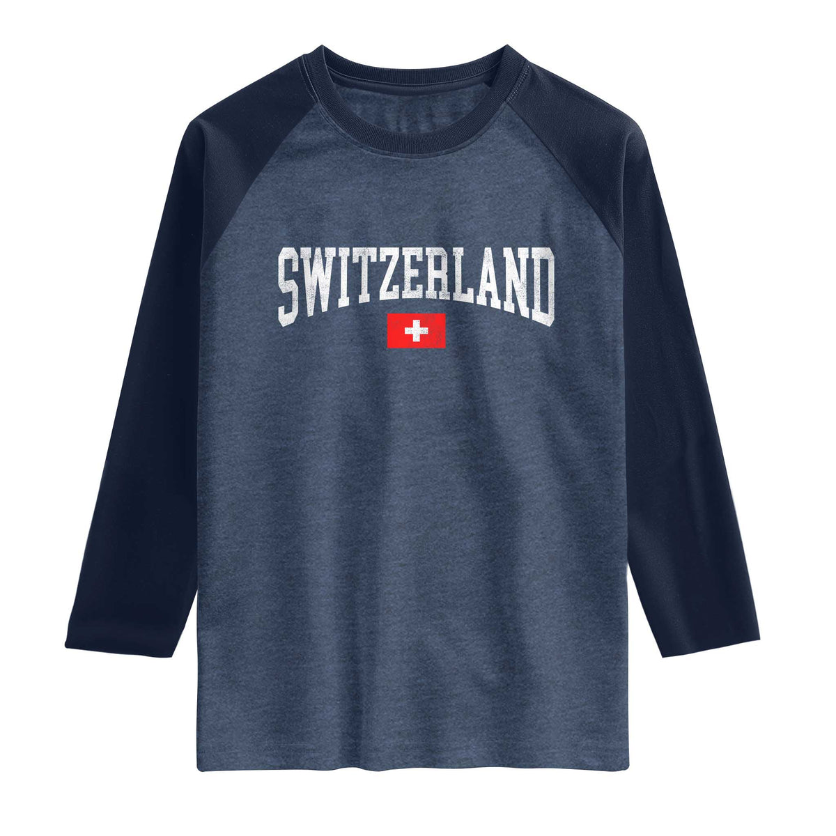 Vintage Switzerland National Pride The Swiss Cross Raglan Shirt TS11 Heather Denim Navy Print Your Wear