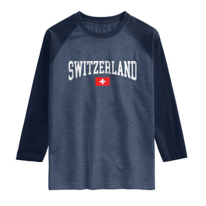 Vintage Switzerland National Pride The Swiss Cross Raglan Shirt TS11 Heather Denim Navy Print Your Wear