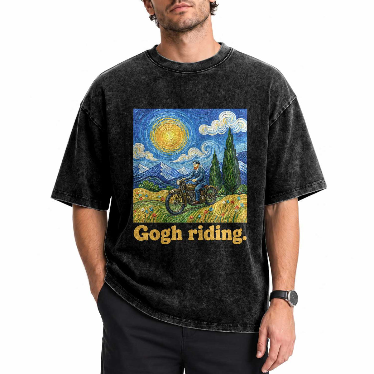 Gogh Riding Funny Motorcycle Biker Van Gogh Art Washed Cotton T-Shirt