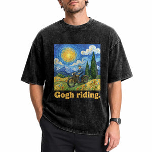 Gogh Riding Funny Motorcycle Biker Van Gogh Art Washed Cotton T-Shirt