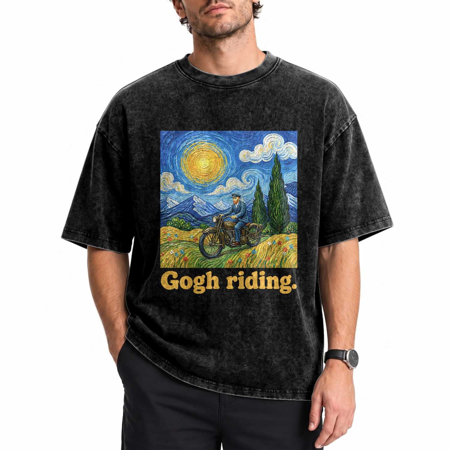 Gogh Riding Funny Motorcycle Biker Van Gogh Art Washed Cotton T-Shirt