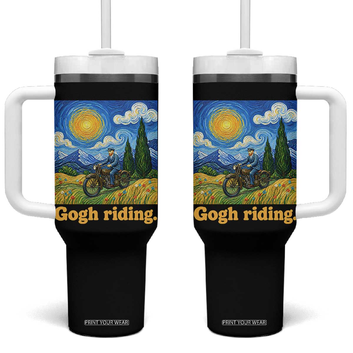Gogh Riding Funny Motorcycle Biker Van Gogh Art Tumbler With Handle
