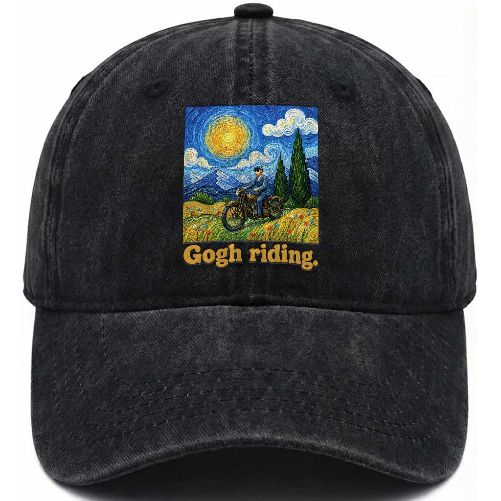 Gogh Riding Funny Motorcycle Biker Van Gogh Art Washed Cotton Baseball Cap