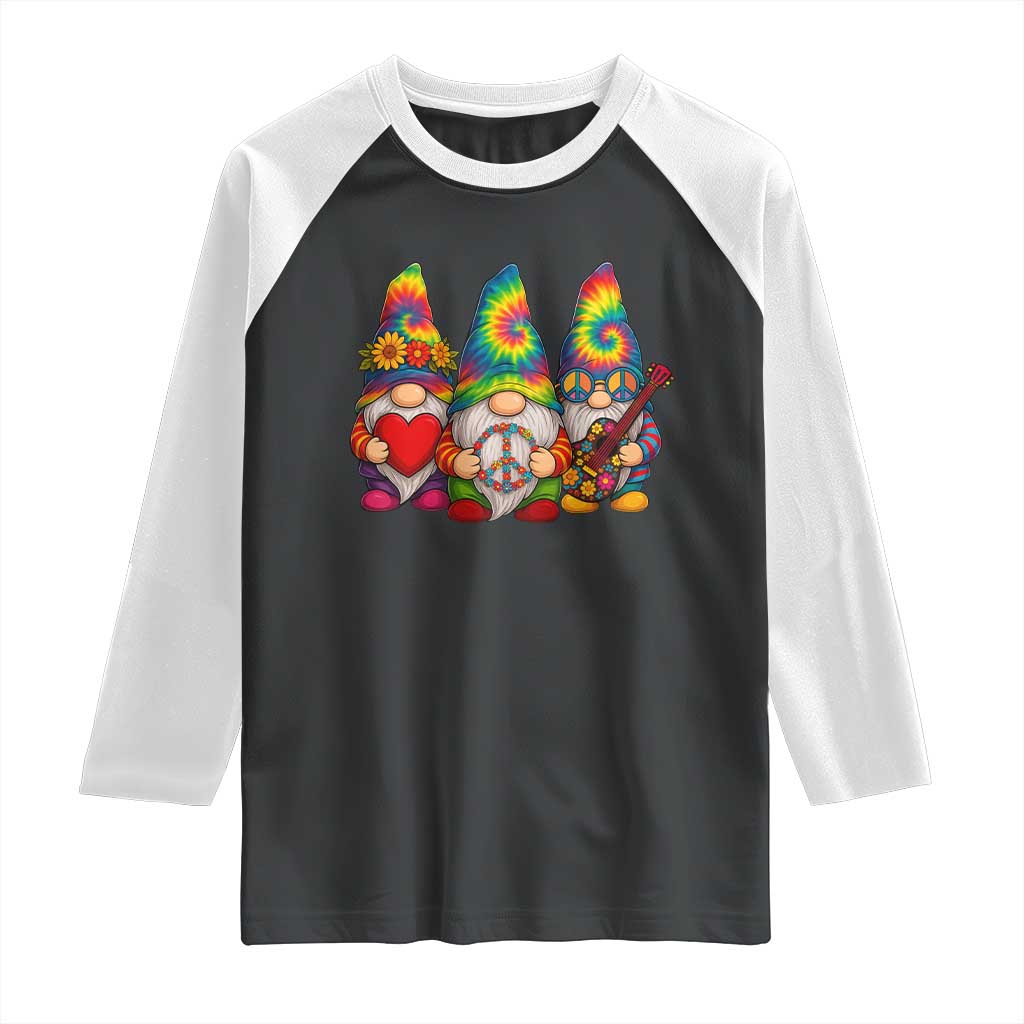Three Hippie Gnomes Peace Retro Tie Dye Flower Raglan Shirt TS11 Black White Print Your Wear